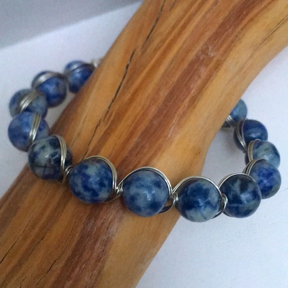 Handcrafted Blue Sodalite Gemstone Bead Silver Tone Wire Wrapped Bracelet - Picture 3 of 5